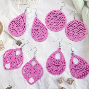 NEW Boho Pretty in Pink Hollow Wood Dangle Earrings Lot of 4